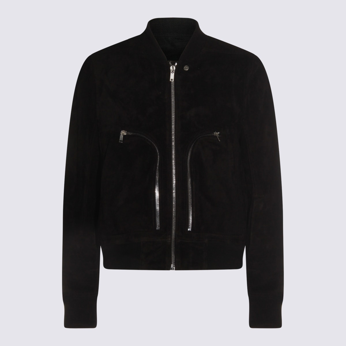 Rick Owens Leather Jacket With High Collar And Ribbed Accents In Black