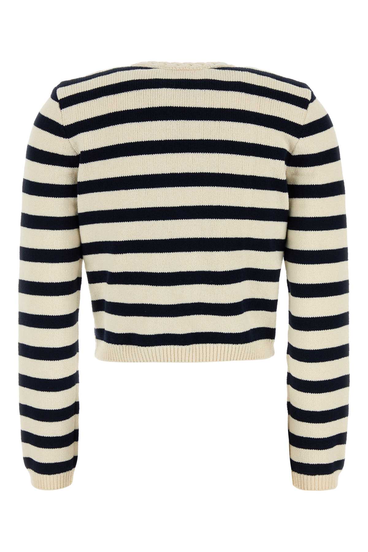 Frame Embroidered V Neck Striped Knit Cardigan In Black