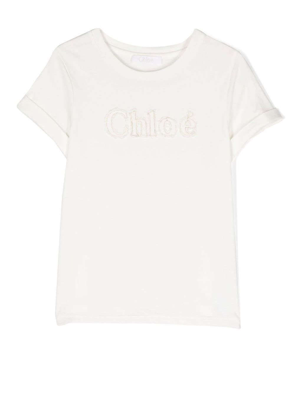 CHLOÉ WHITE CREWNECK T-SHIRT WITH EMBROIDERED LOGO IN COTTON GIRL