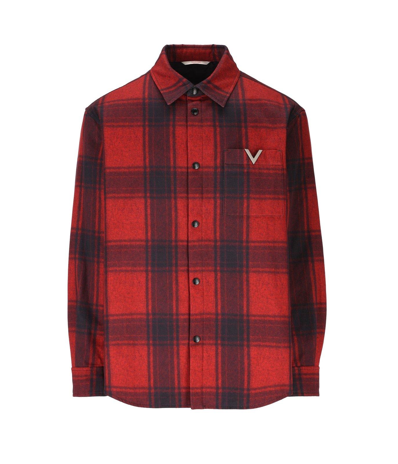 Shop Valentino Logo Plaque Checked Shirt Jacket In Red