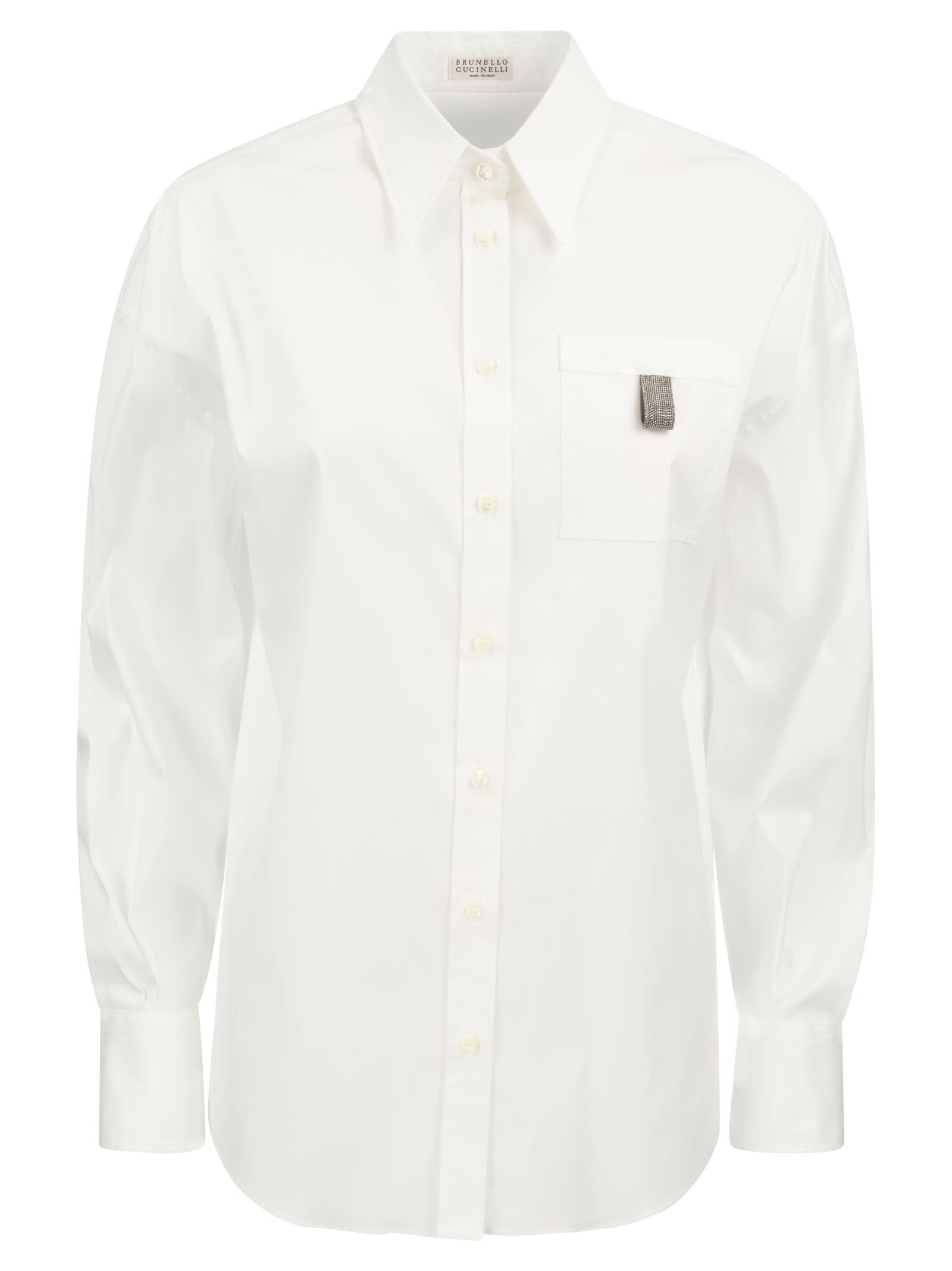 Shop Brunello Cucinelli Stretch Cotton Poplin Shirt With Shiny Tab In White