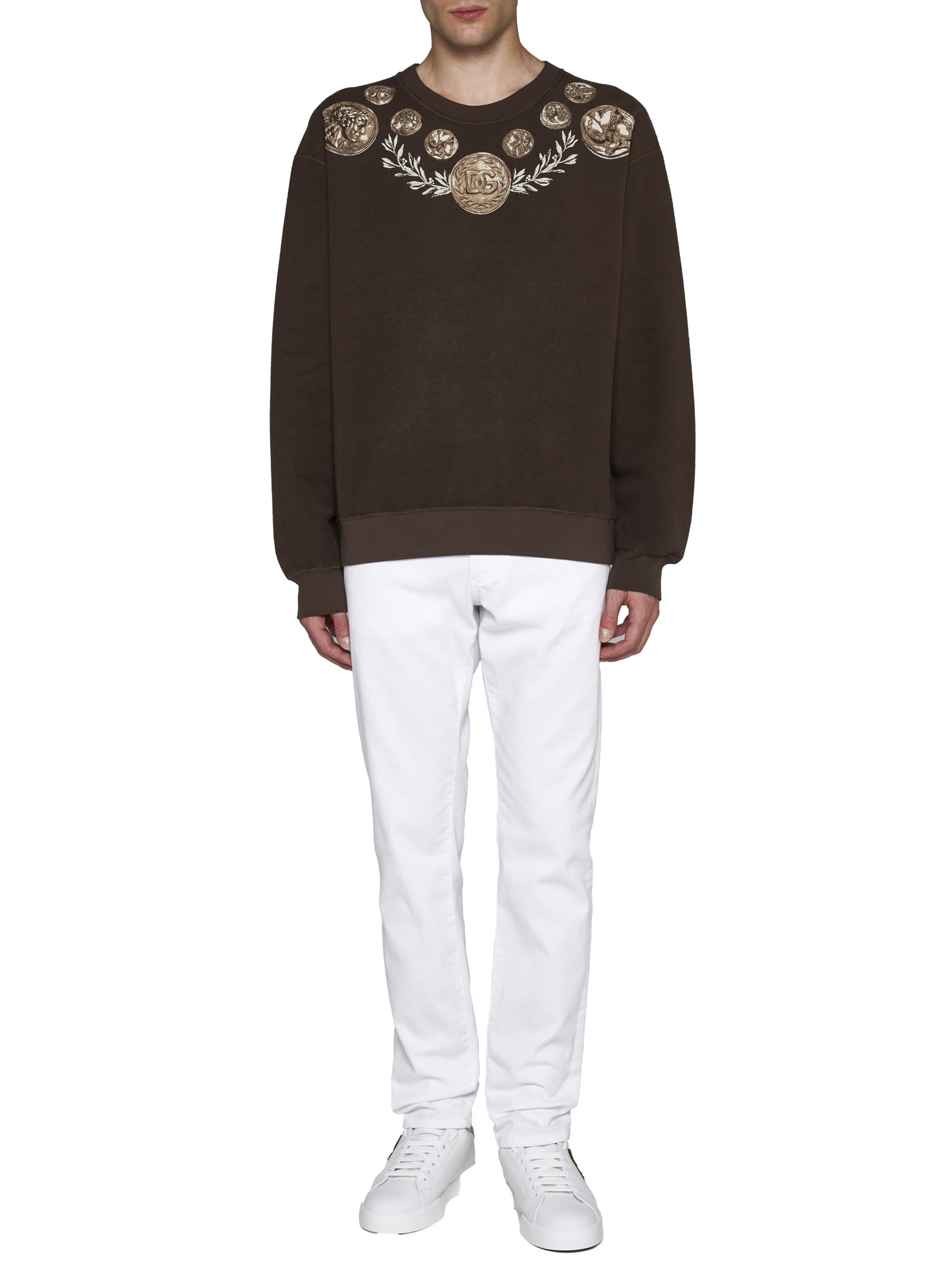 Dolce & Gabbana Coin Print Cotton Sweatshirt In Brown