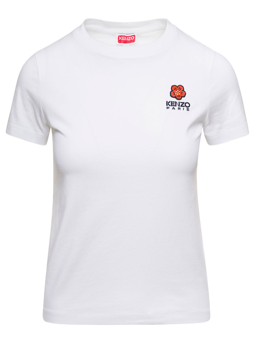 Shop Kenzo White Crewneck T-shirt With Logo Embroidery In Cotton Woman