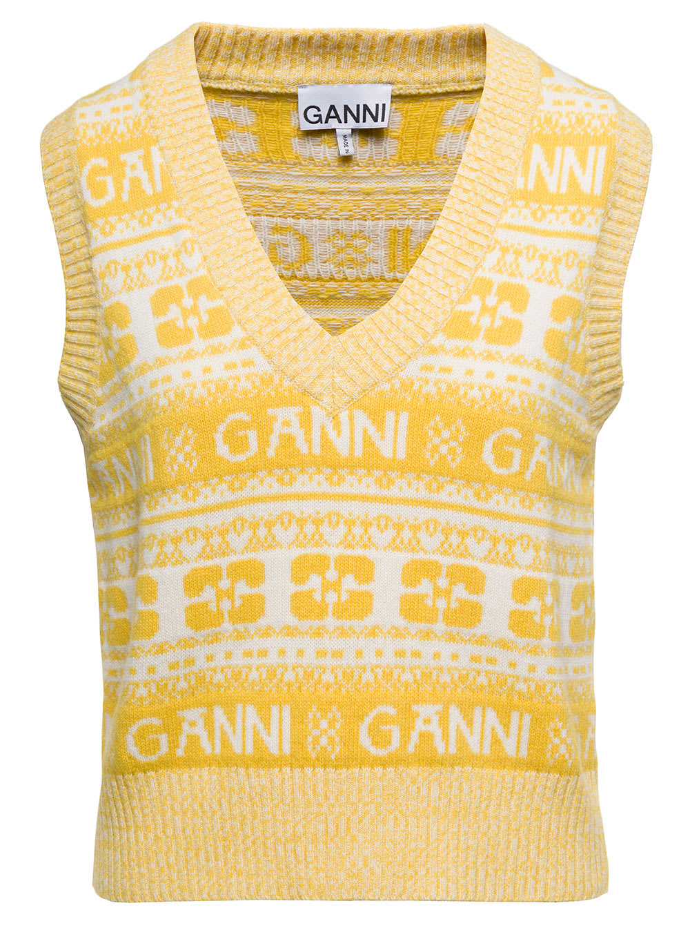 GANNI YELLOW VEST WITH JACQUARD LOGO MOTIF IN WOOL BLEND WOMAN