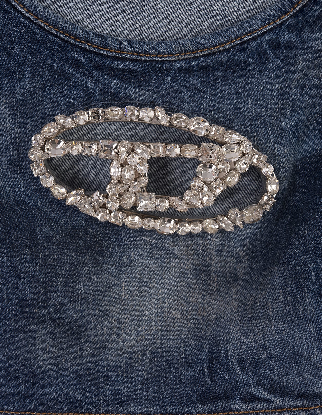 Diesel Denim Crop Top With Jewel Buckle In Blue