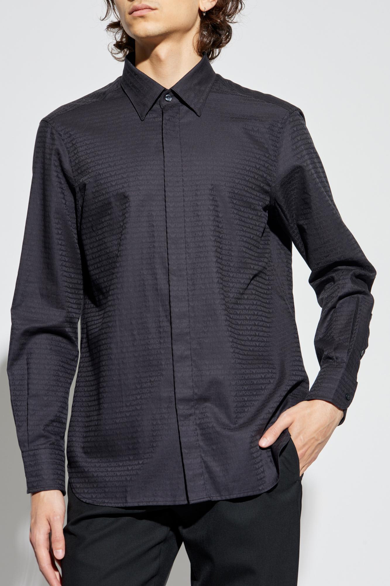 Emporio Armani Cotton Shirt With All-over Logo In Blue In Black