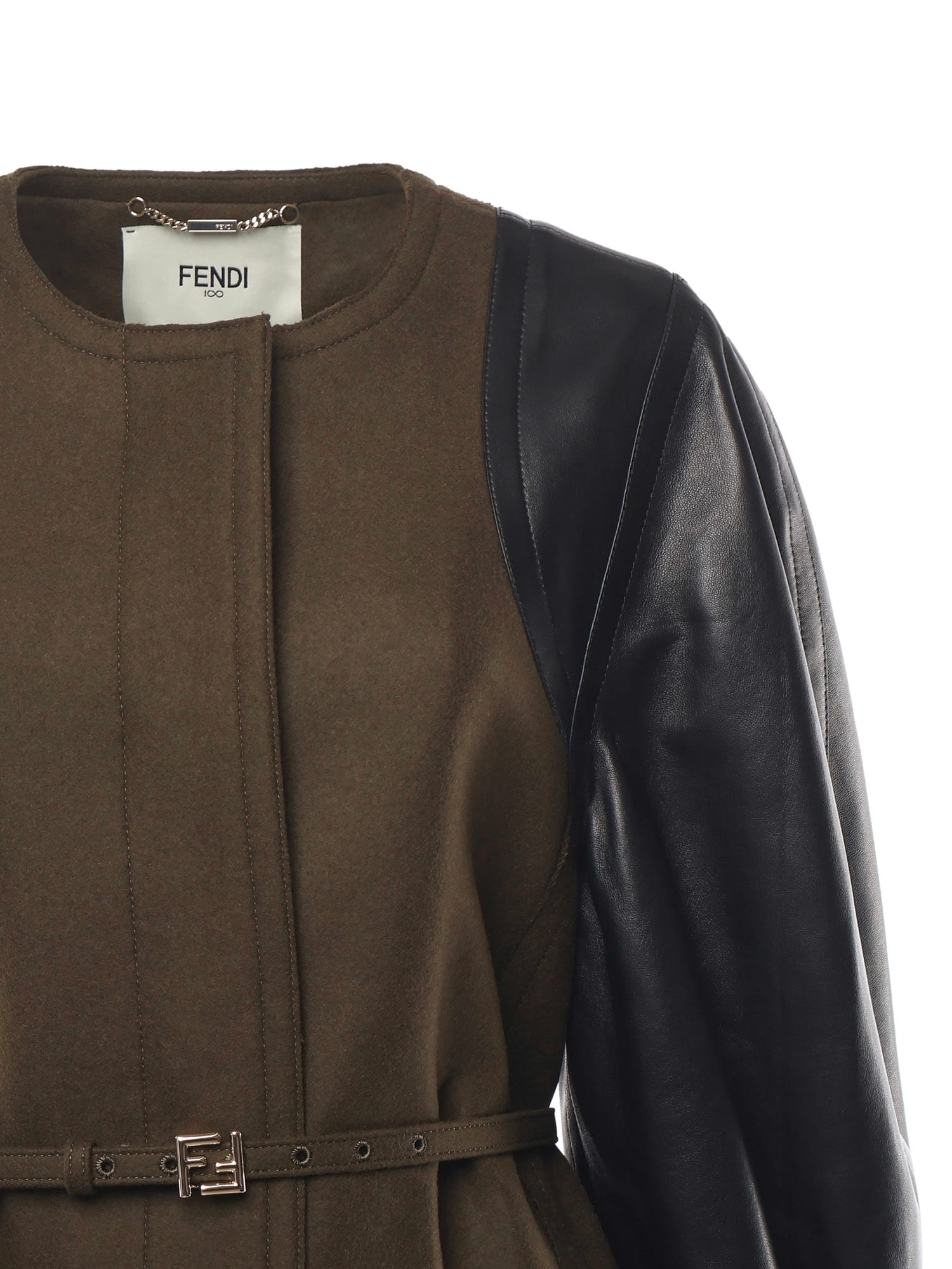 Fendi Women Green Crewneck Coat With Puffed Leather Sleeves And Belt With Ff Plaque In Wool And Visc In Brown