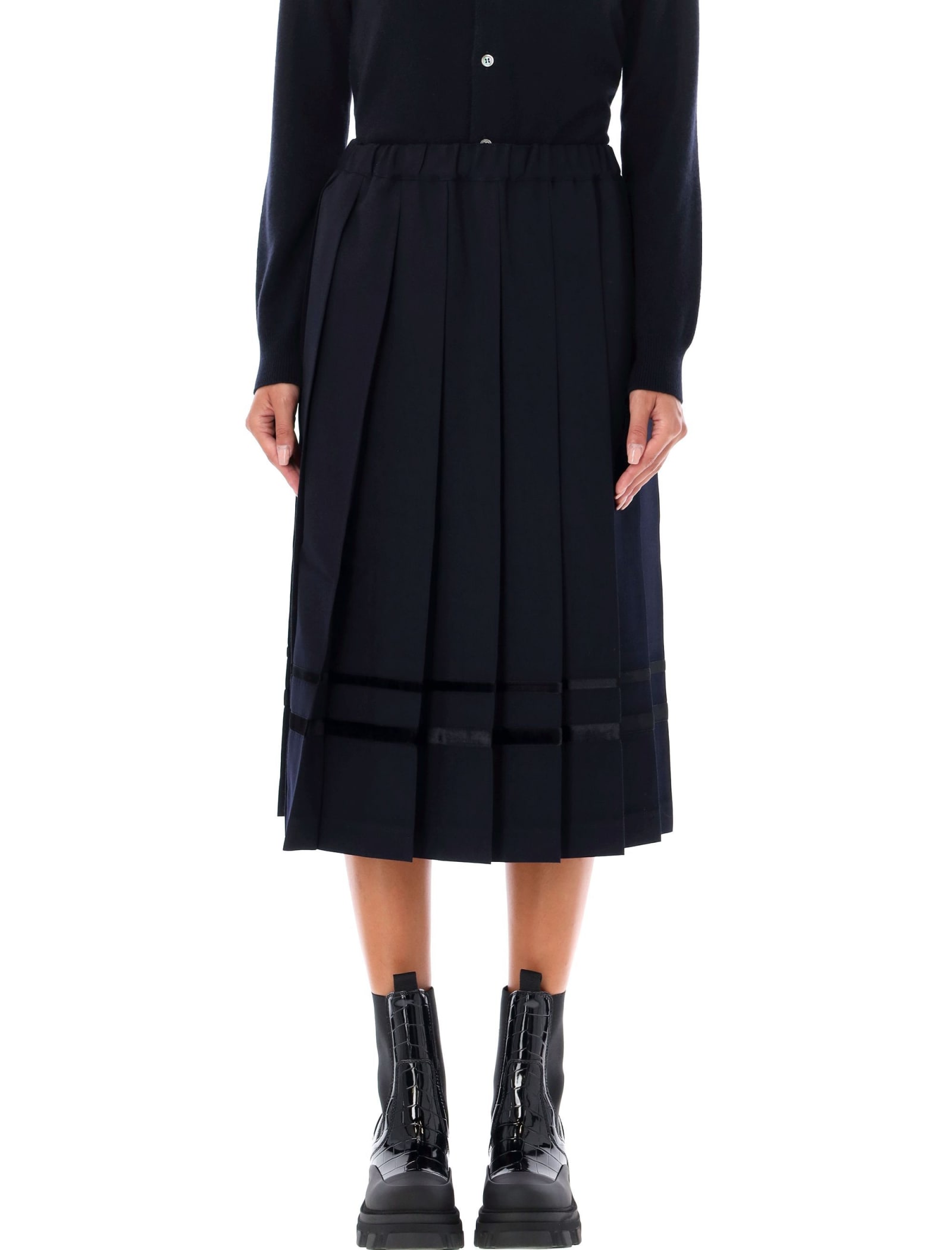 Velvet Trim Pleated Midi Skirt