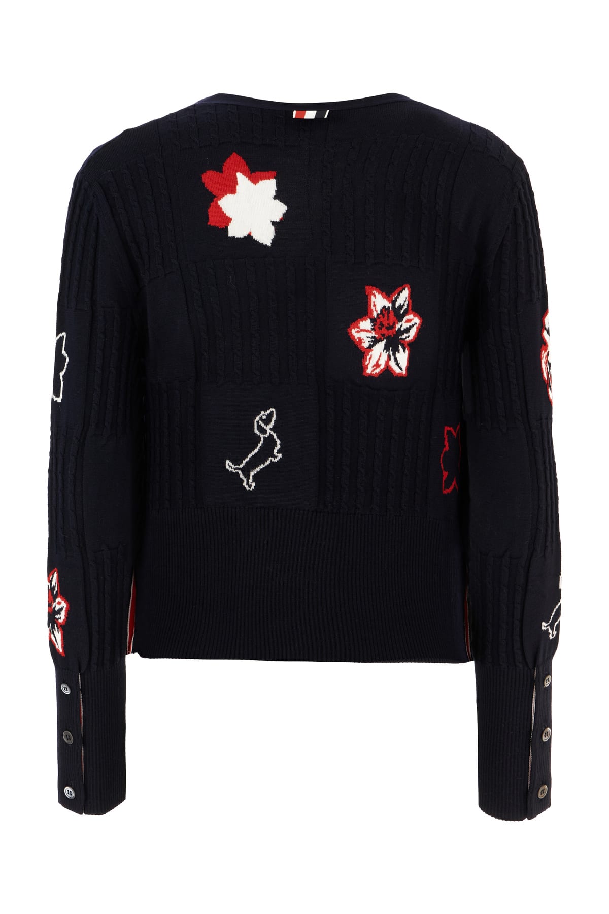 Thom Browne Wool Cardigan With Embroidered Flowers And Pockets In Black
