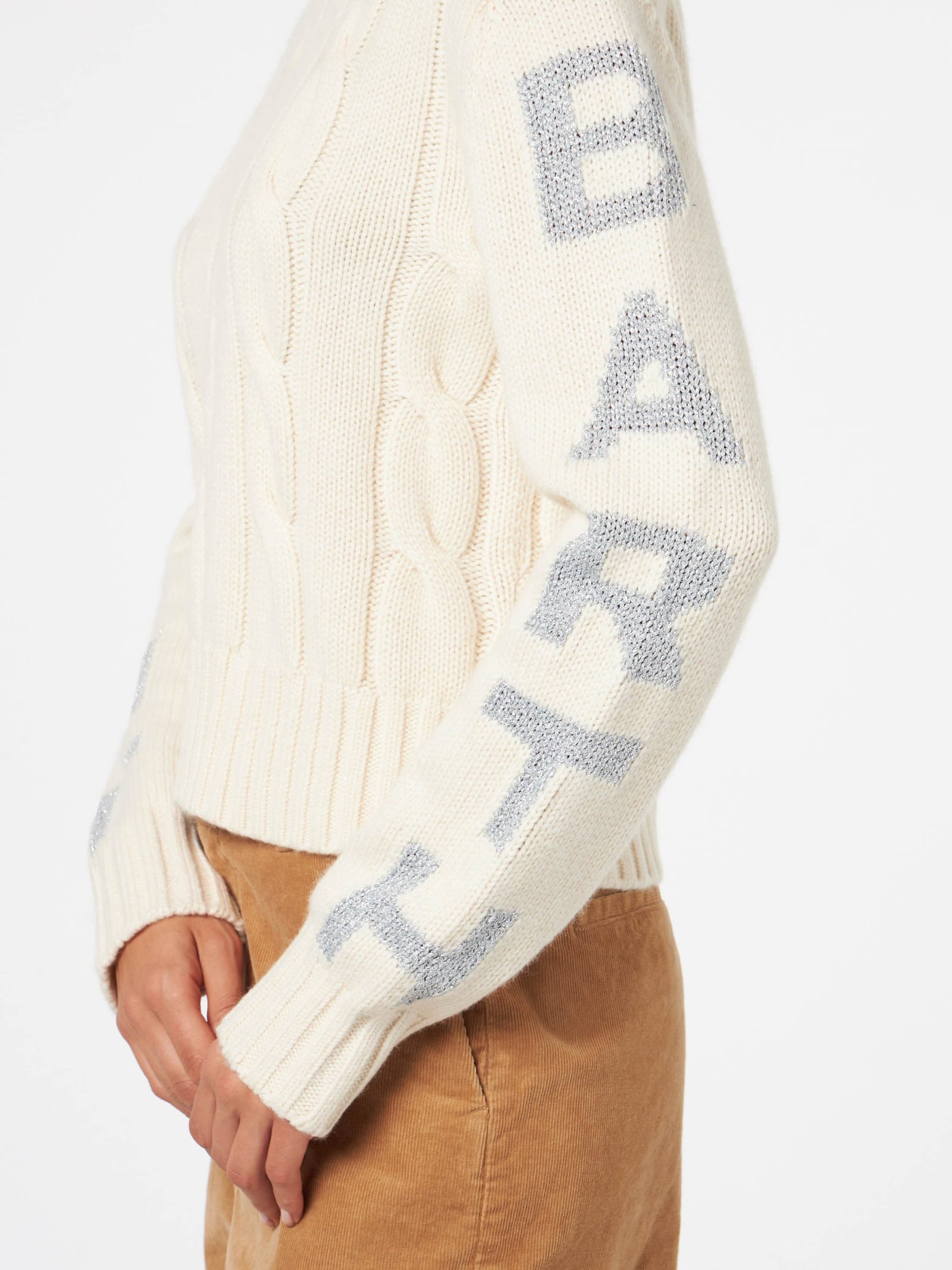 Shop Mc2 Saint Barth Woman Crewneck Braided Sweater With Saint Barth Lurex Print In White