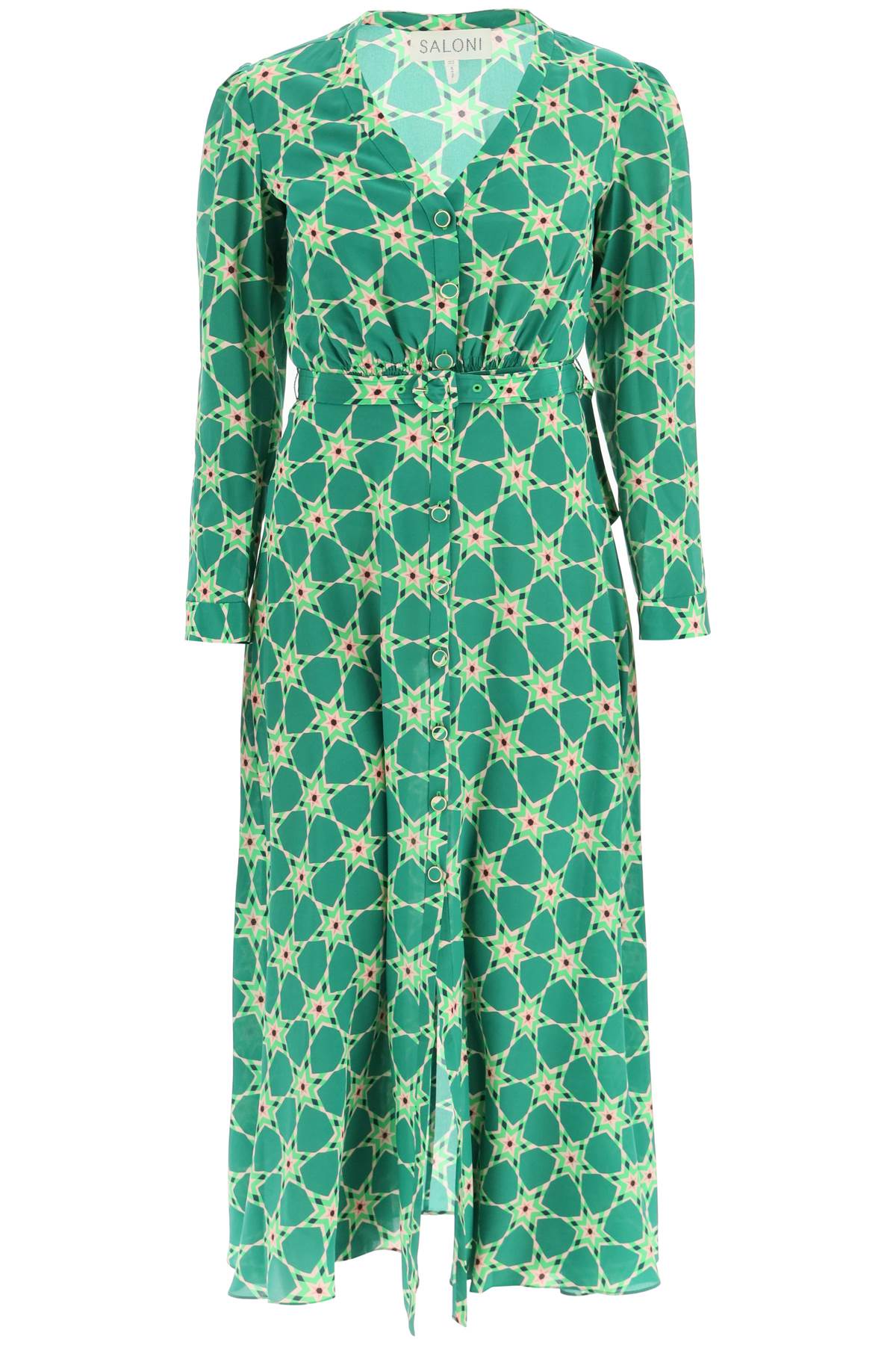 Shop Saloni Lea Long Shirt Dress In Silk Crepe In Nebula (green)