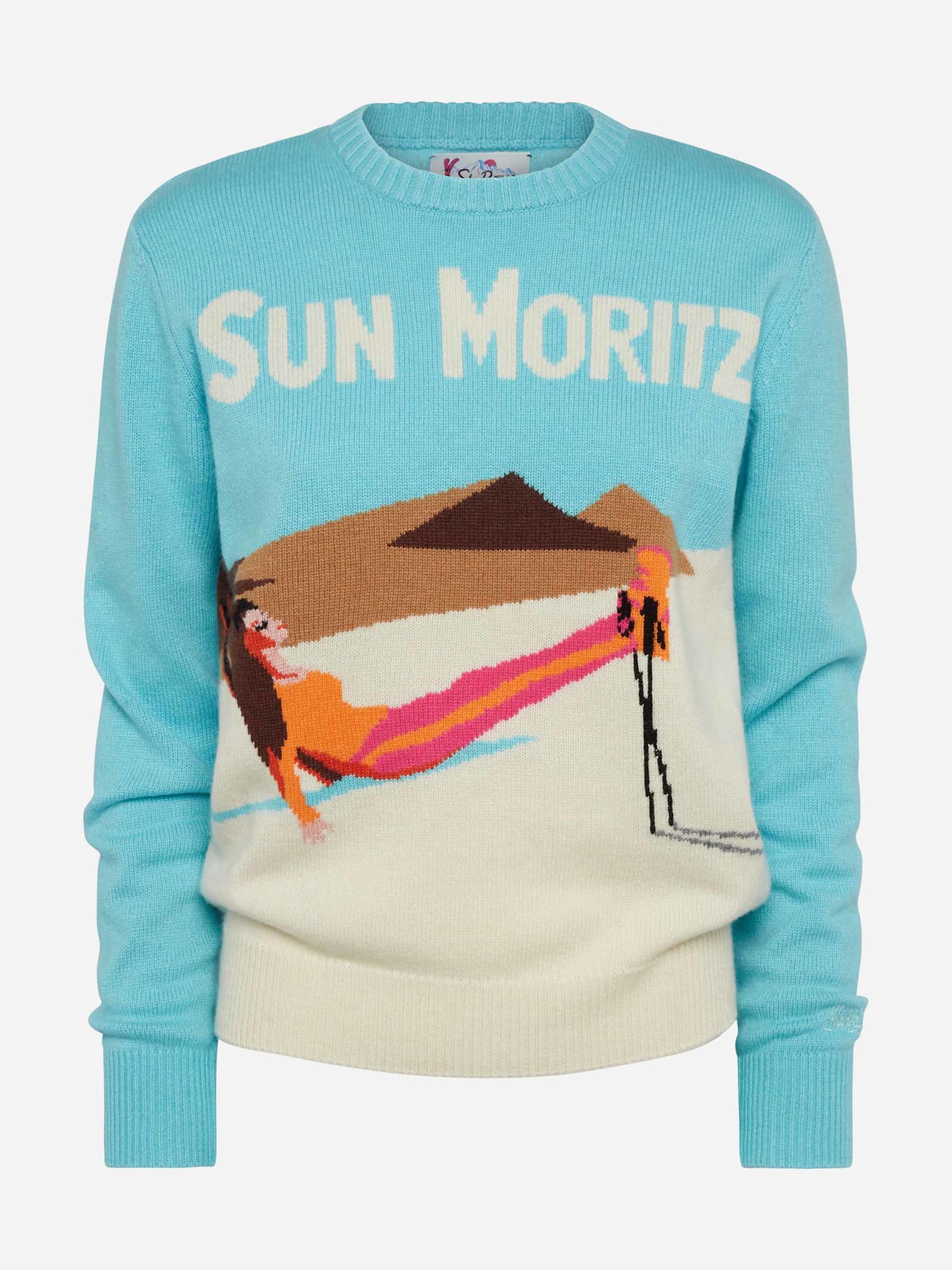Mc2 Saint Barth Light Blue Sweater New Queen With Sun Moritz Postcard Jacquard In Green