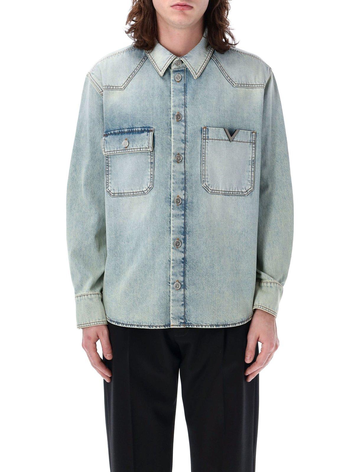 Shop Valentino Logo Plaque Long-sleeved Denim Shirt In Clear Blue