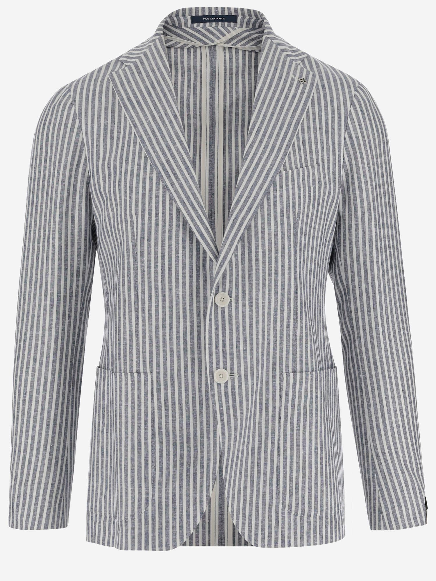 Linen Blend Single-breasted Jacket With Striped Pattern