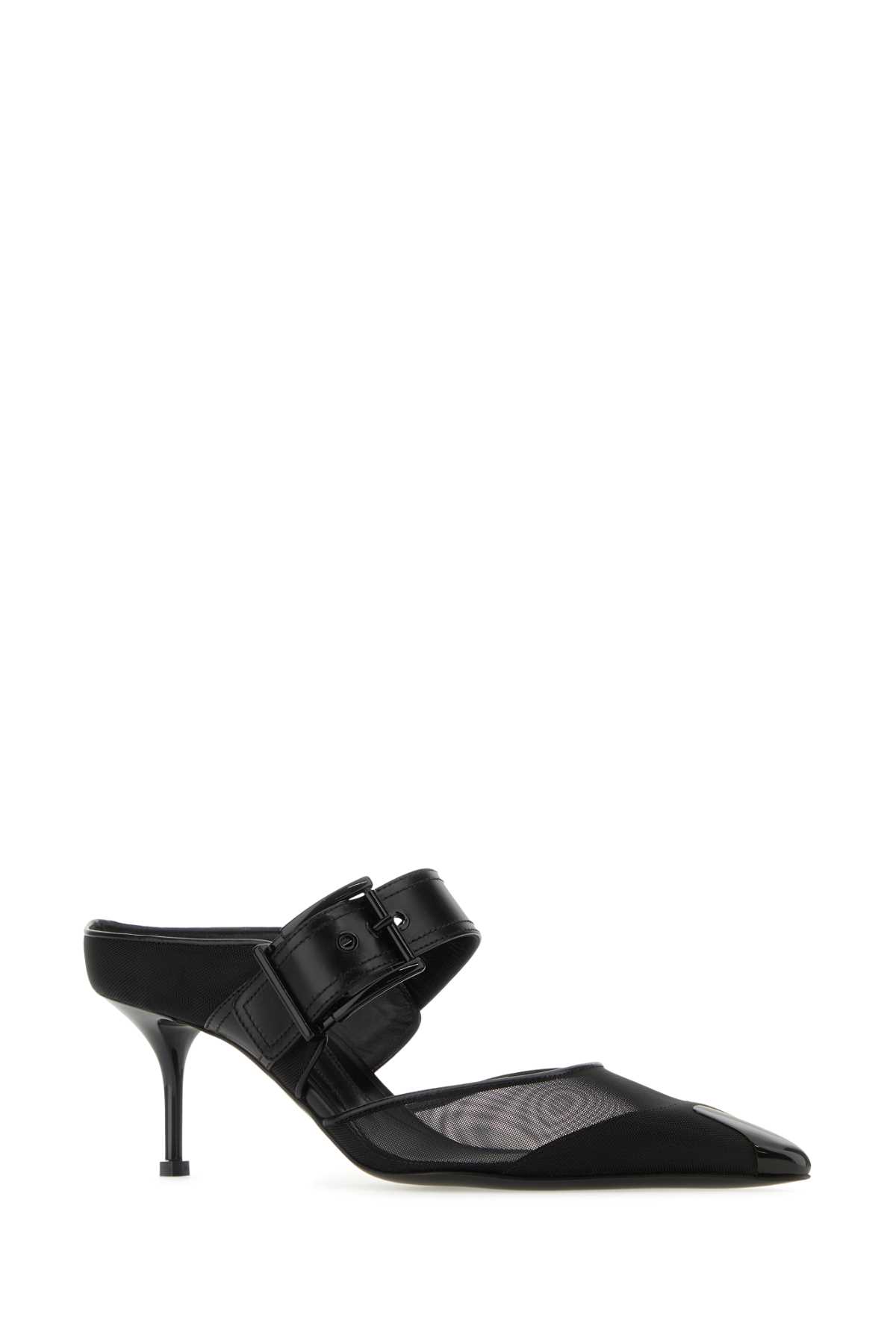 Alexander Mcqueen Black Mesh And Leather Punk Mules
