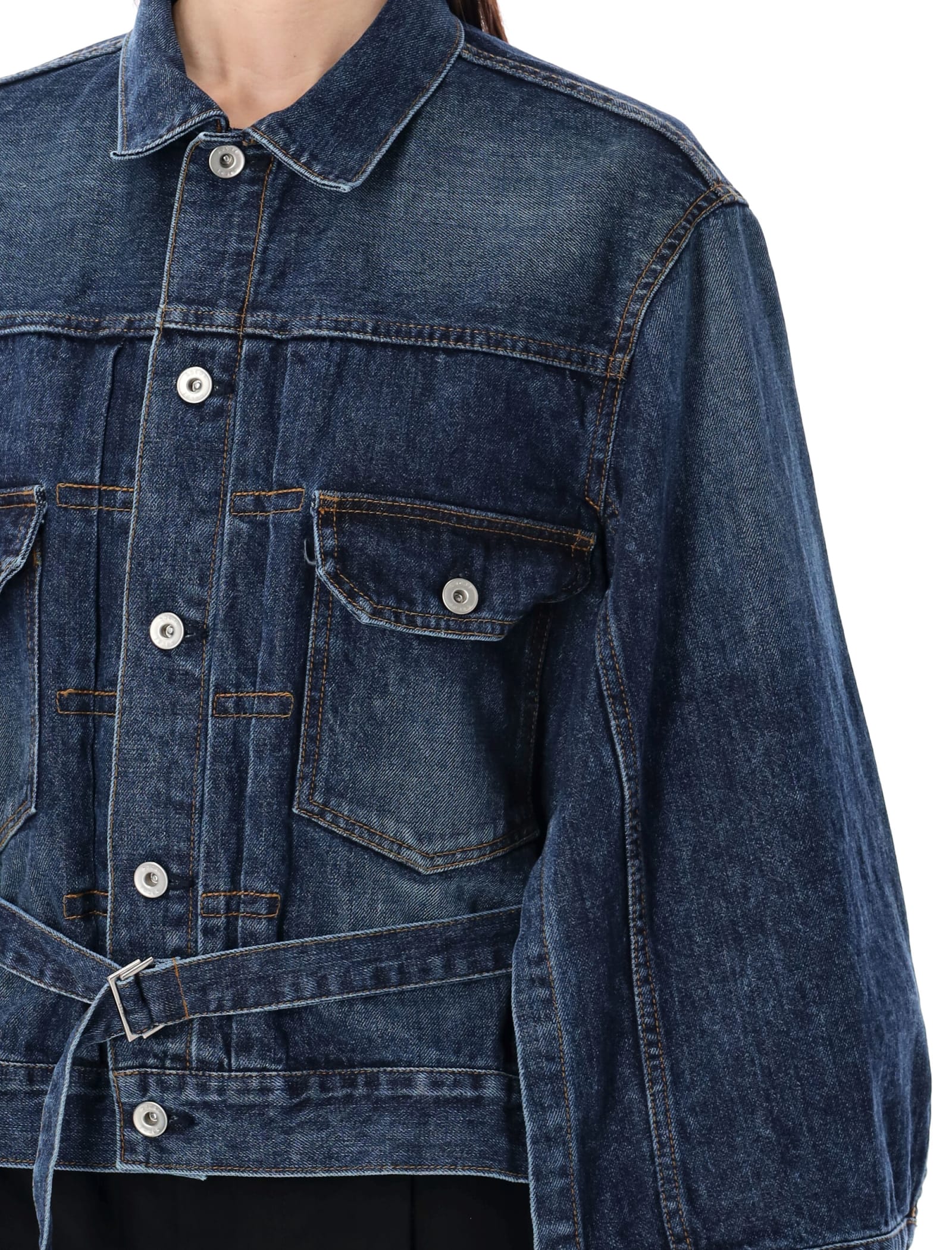Shop Sacai Denim Belted Waist Jacket In Blue 401