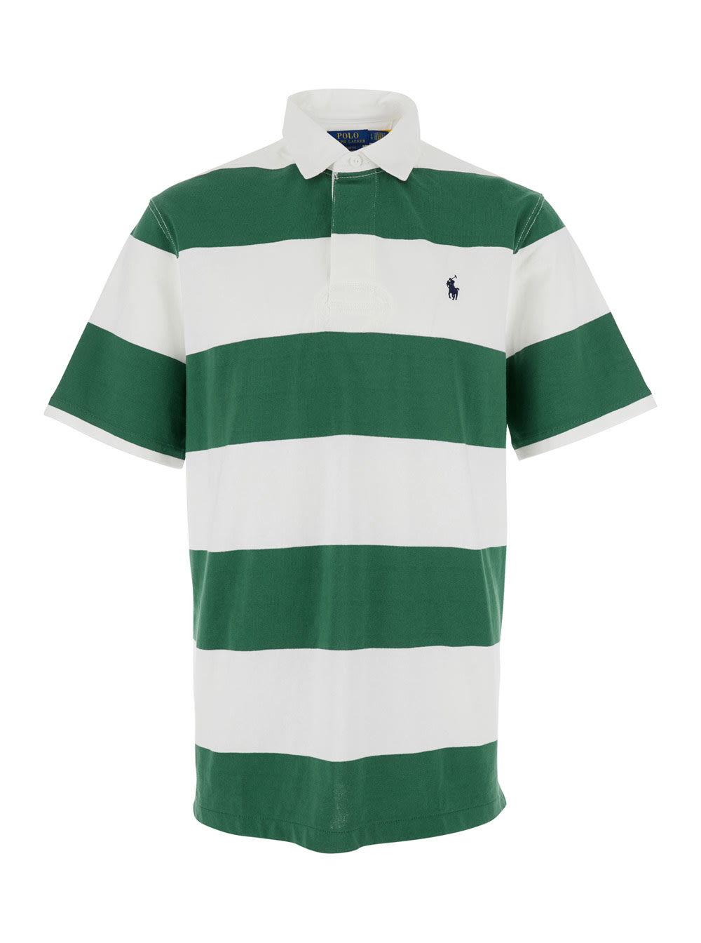 Green Polo Shirt With Pony Embroidery On The Front And All-over Striped Motif In Cotton Man