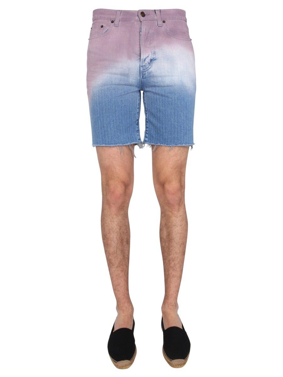 Shop Saint Laurent Gradient Raw Edge Denim Shorts In Multicolour