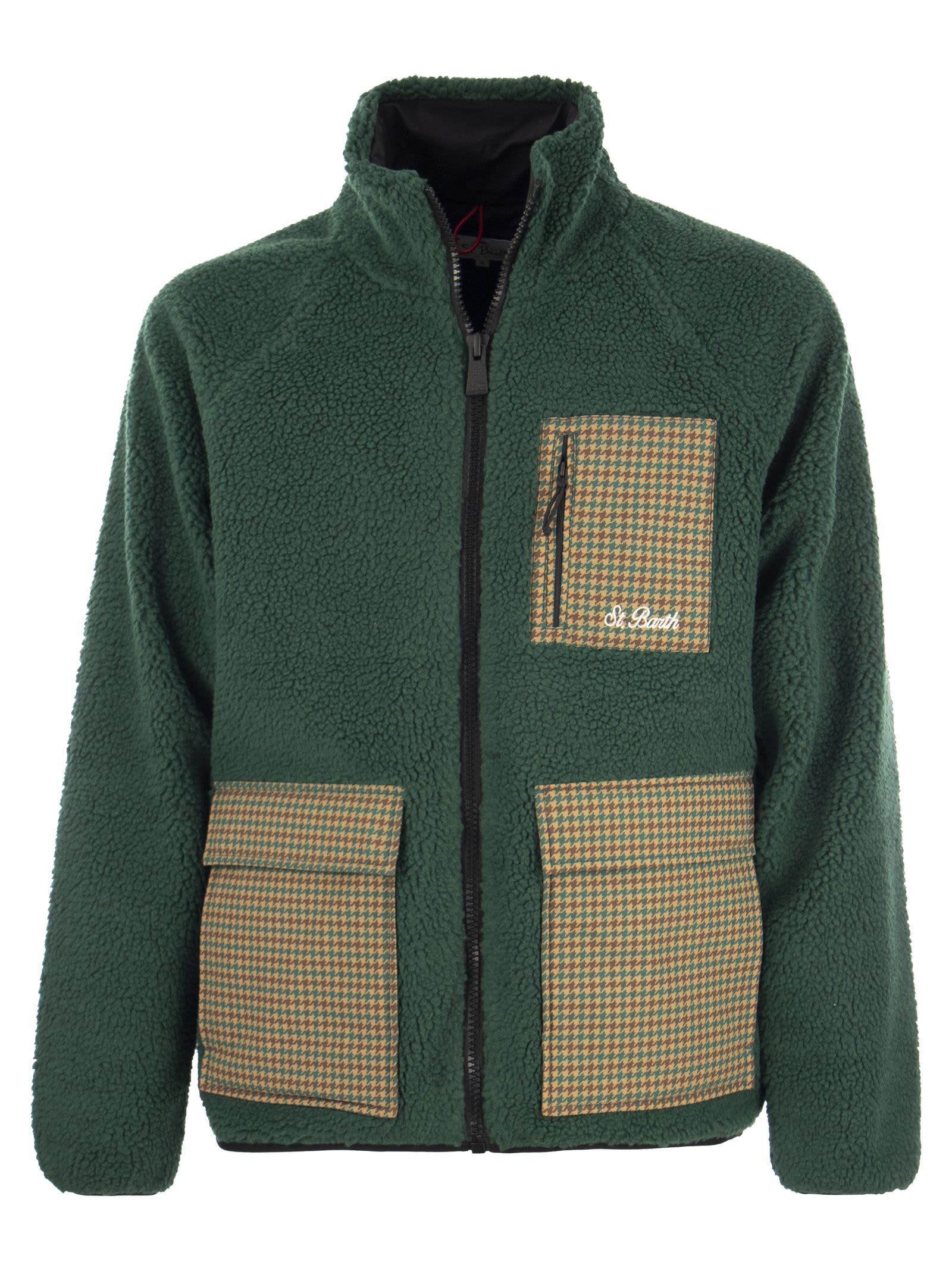 Shop Mc2 Saint Barth Sherpa Jacket With Plaid Patch Pockets In Green