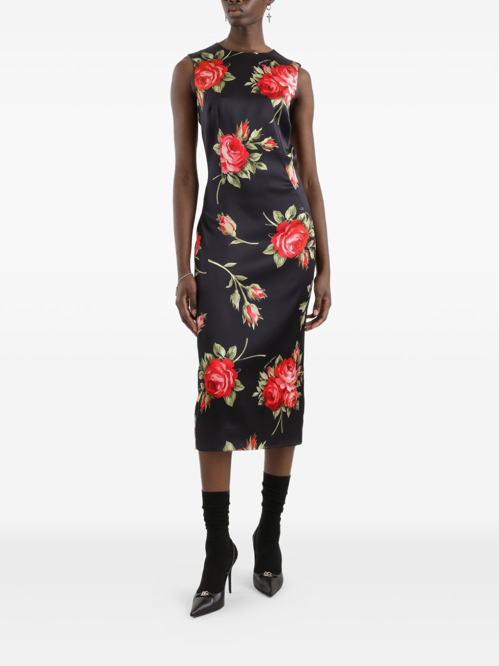 Dolce & Gabbana Women Black Dress With All-over Floral Print In Silk Woman In Multi