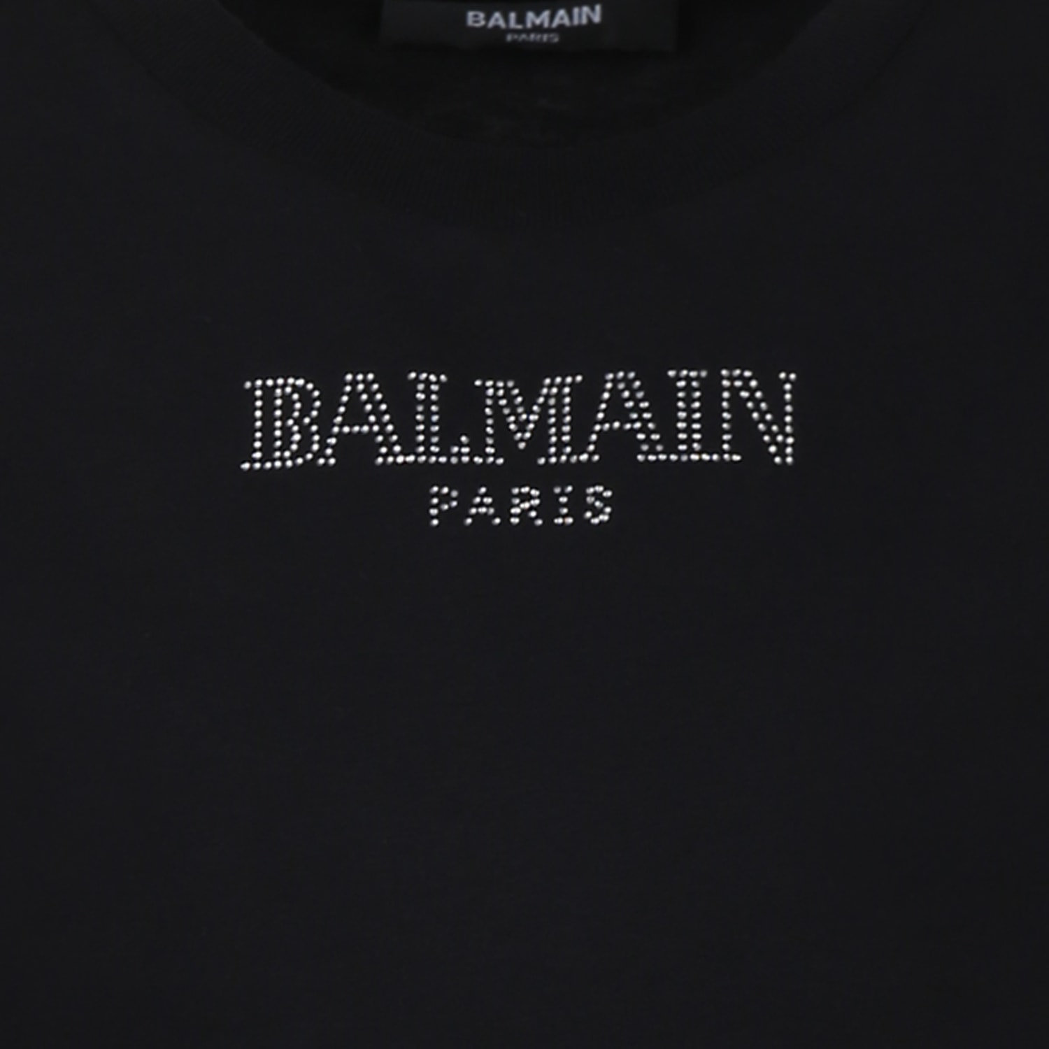 BALMAIN BLACK T-SHIRT FOR GIRL WITH A SILVER RHINESTONE LOGO 
