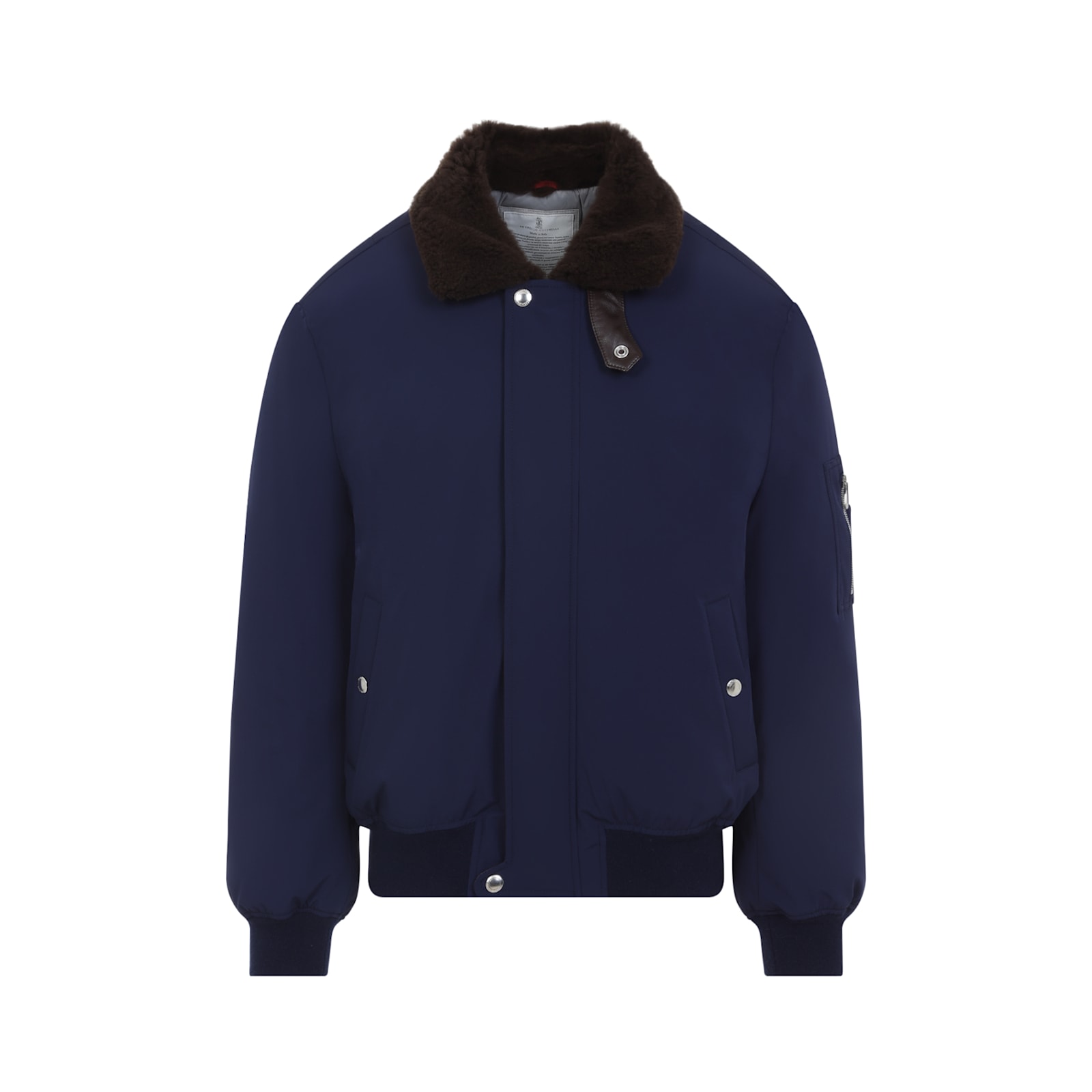 Brunello Cucinelli Tailored Feather Down Jacket With Sheepskin Collar In Blue