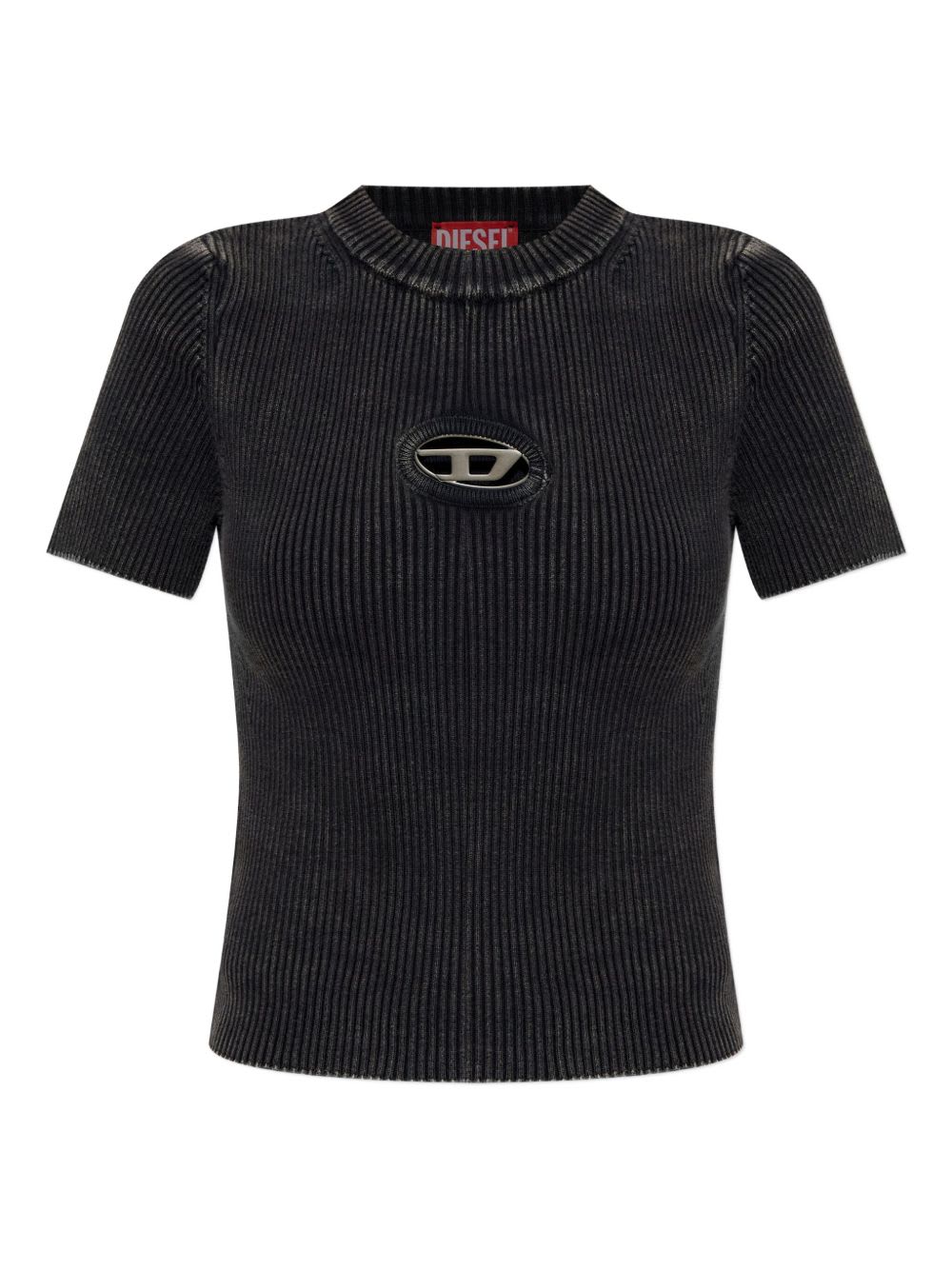 Diesel Short Sleeve Ribbed Crew Neck Top In Black