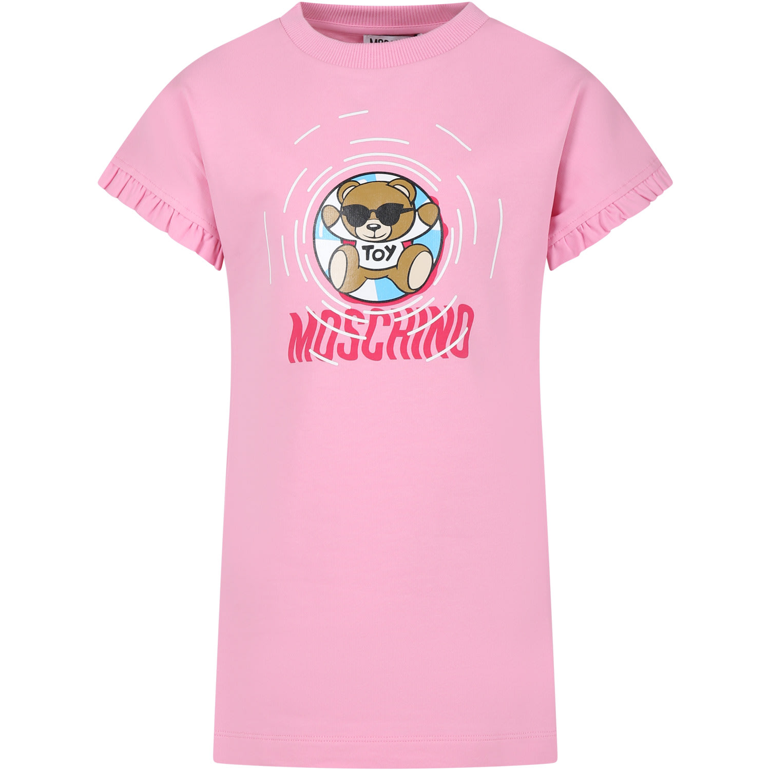 Moschino Kids' Pink Dress For Girl With Multicolor Print And Teddy Bear