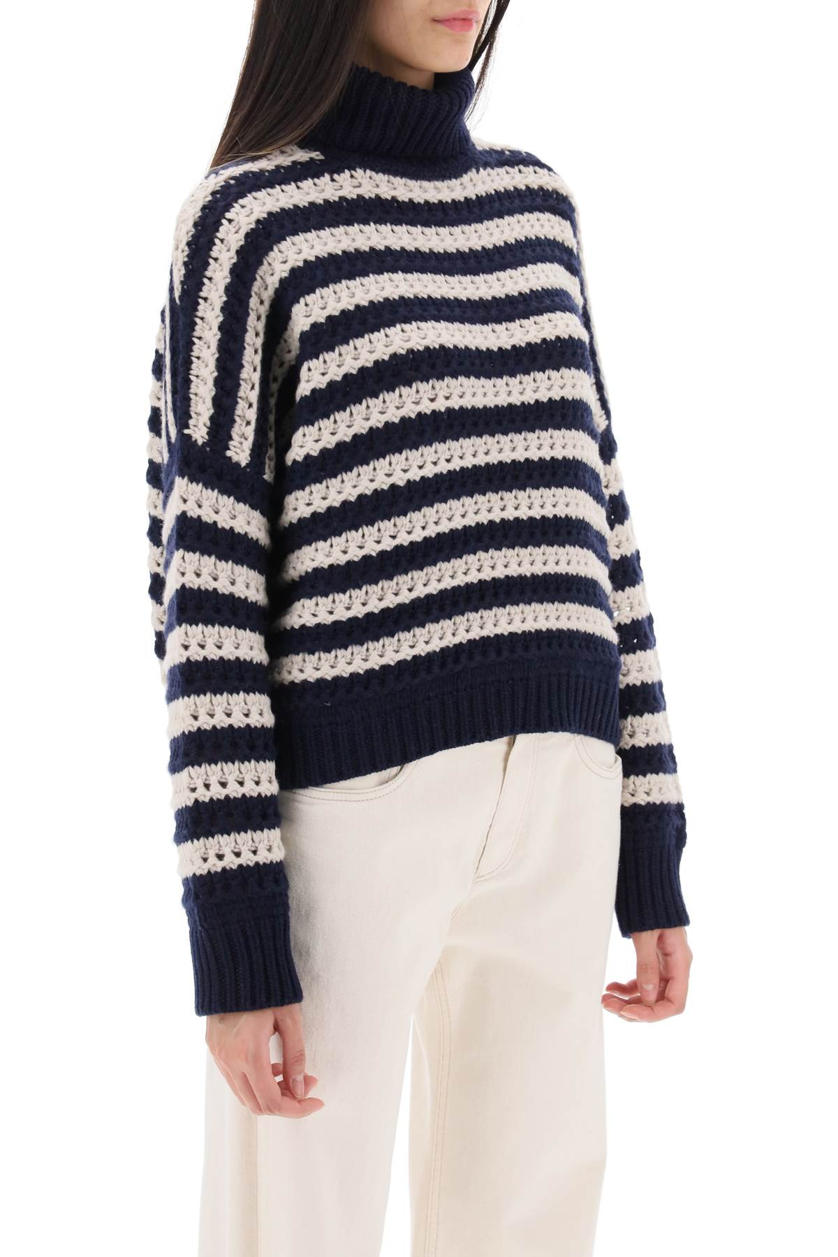 Brunello Cucinelli Striped Sweater In Wool And Cashmere In Navy + Feather (beige)