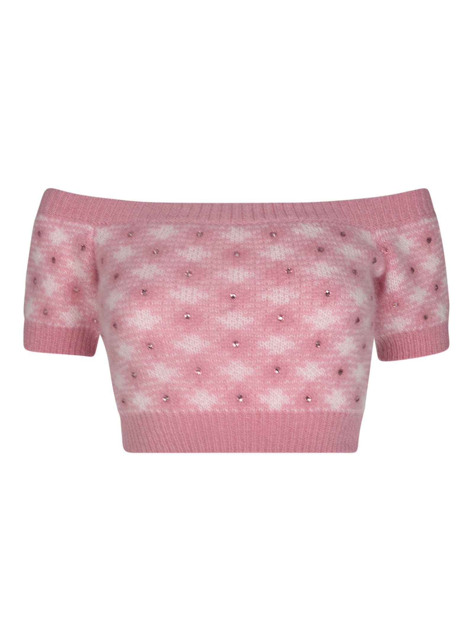 Shop Alessandra Rich Vichy Knitted Off The Shoulder Top In Pink