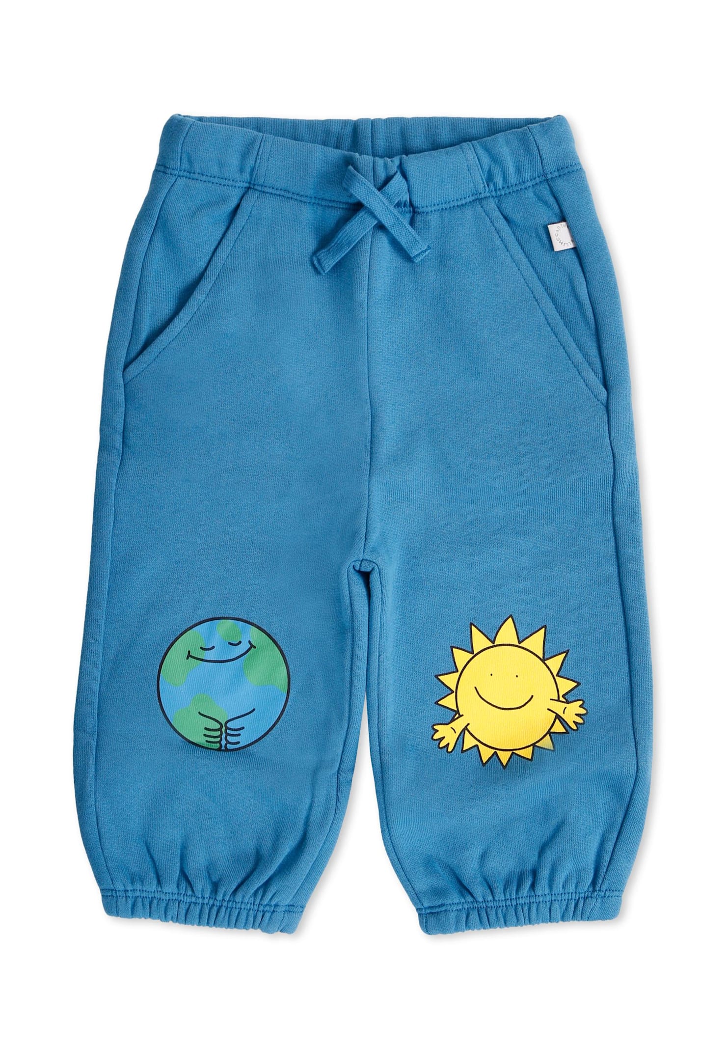 Stella Mccartney Blue Pants For Baby Boy With Smiling Sun And World In Blue