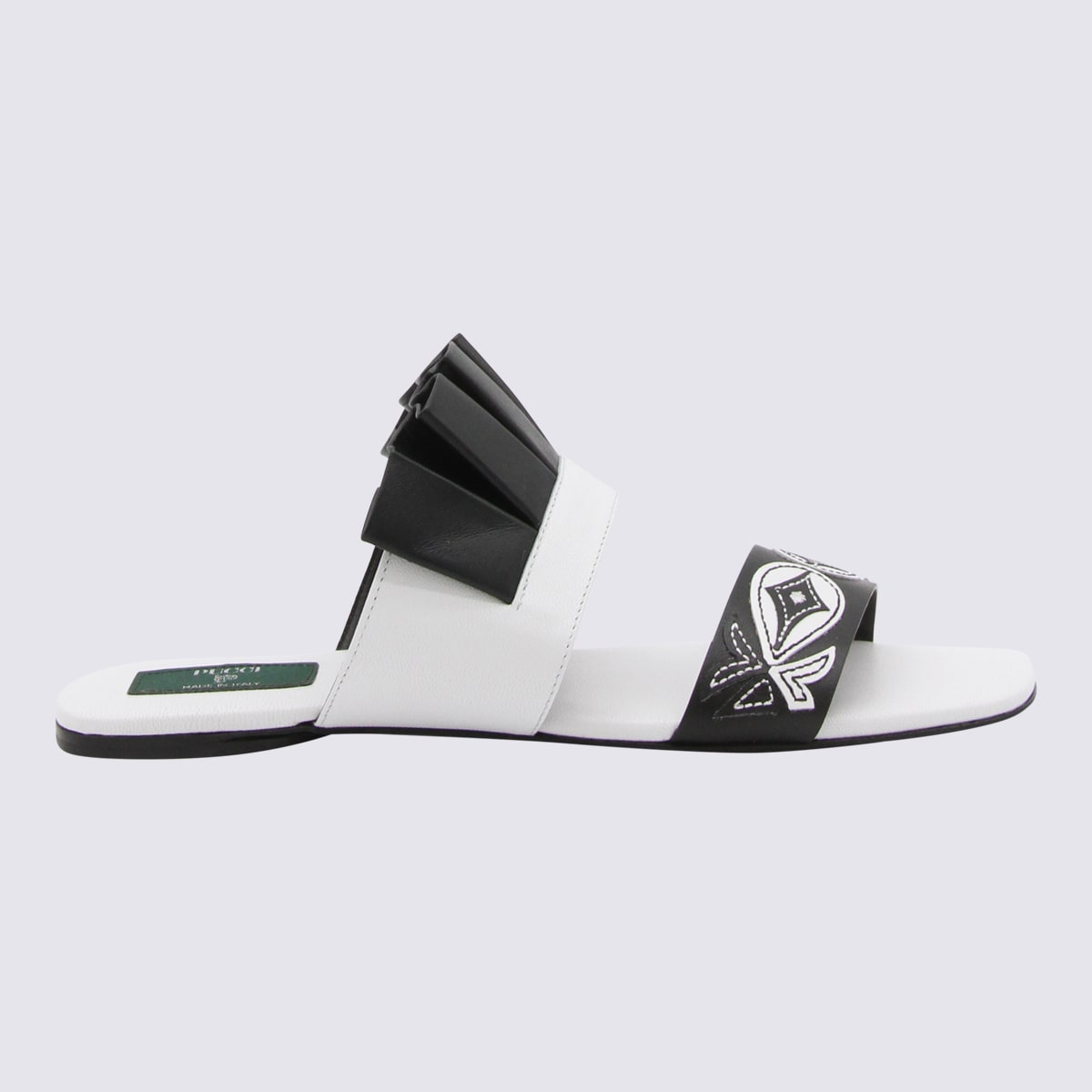 Shop Pucci Black And White Leather Goccia Applique Flat Sandals