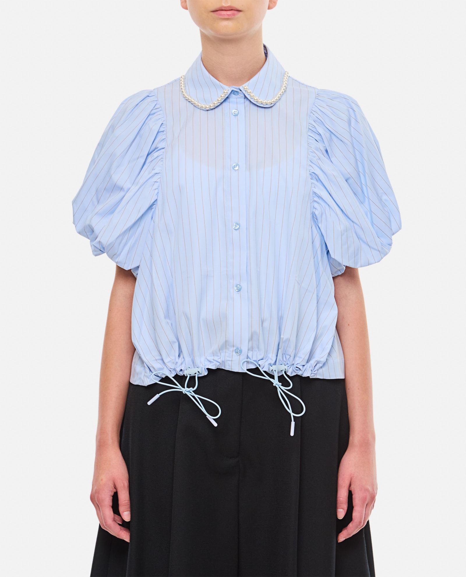 Cropped Toggle Detail Puff Sleeve Shirt W/ Emb