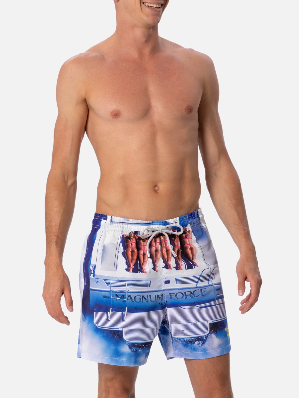 Mc2 Saint Barth Man Mid-length Gustavia Swim-shorts With Marvel Characters Placed Print Magnum Marine Special Editio In White