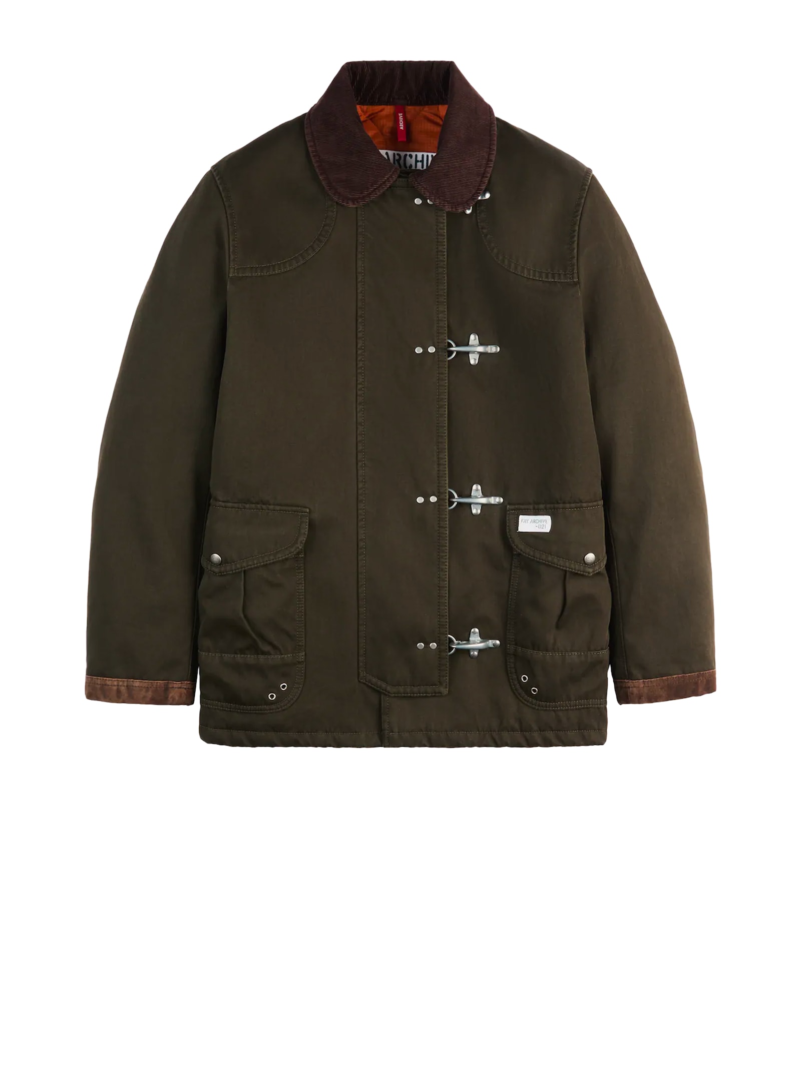 Fay 4-hook Jacket In Brown With Ribbed Collar In Green