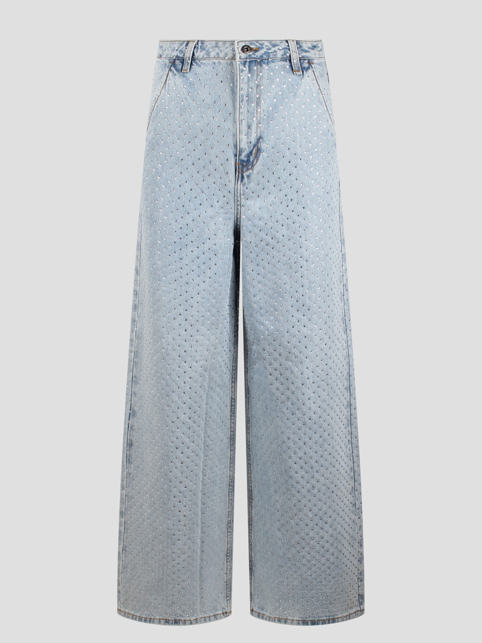 Shop Self-portrait Rhinestone Wide Leg Jeans In Blue