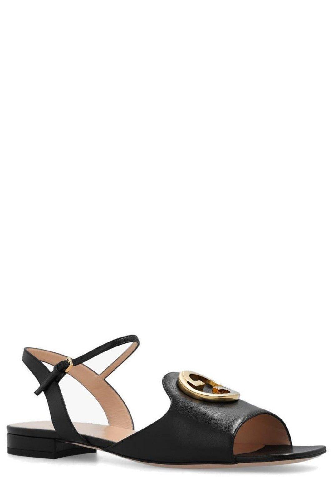 Shop Gucci Logo Plaque Slingback Strap Sandals