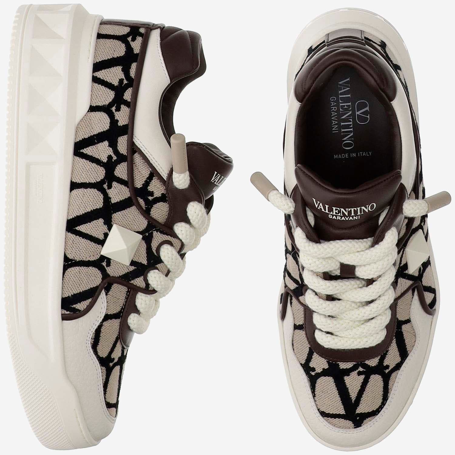 Valentino Garavani One Stud Xl Low-top Trainer In Nappa Leather And Toile Iconographe Fabric In Red