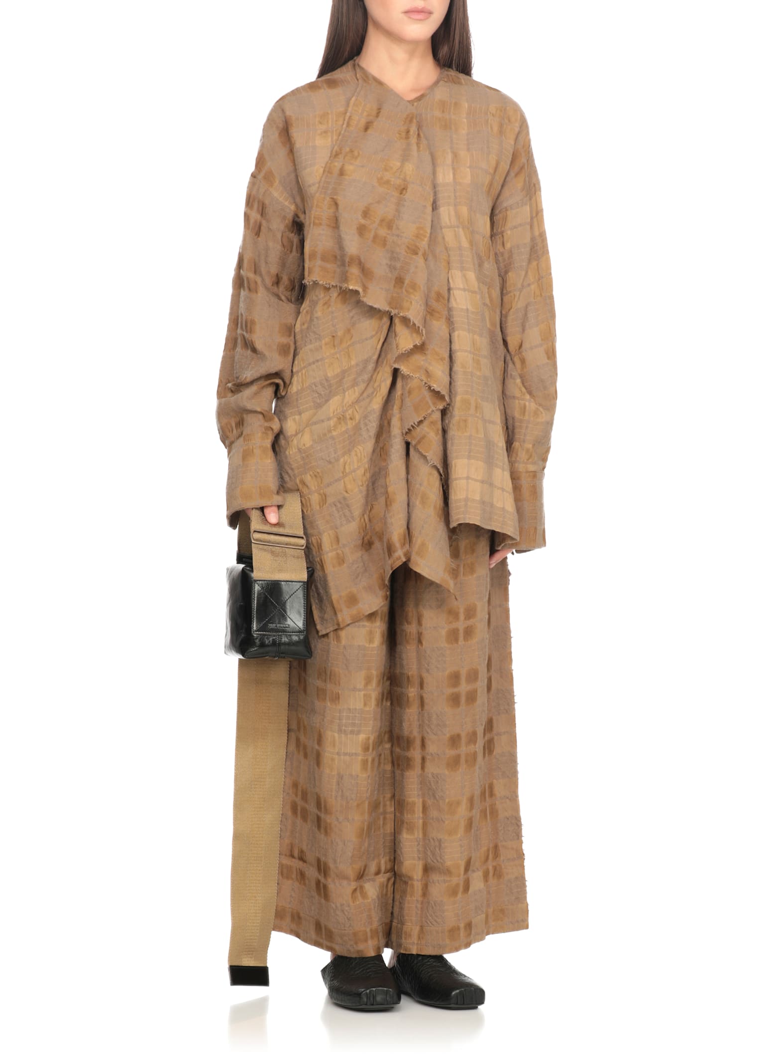 Uma Wang Draped Front Long Sleeve Wool Blend Top In Gold