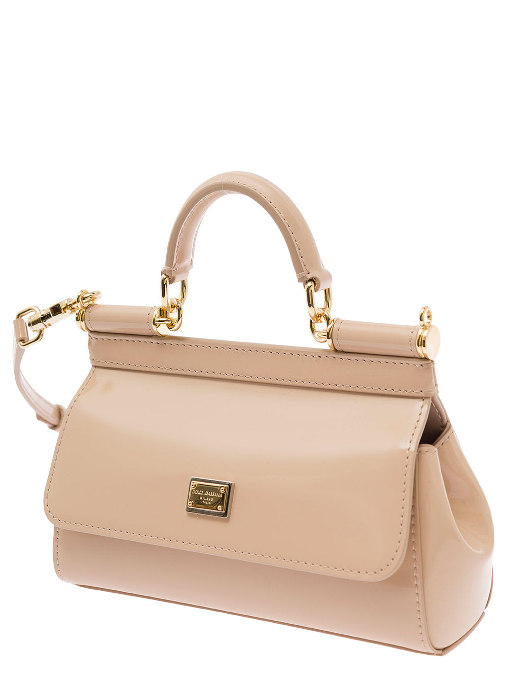Shop Dolce & Gabbana Mini Sicily Beige Handbag With Logo Plaque In Patent Leather Woman