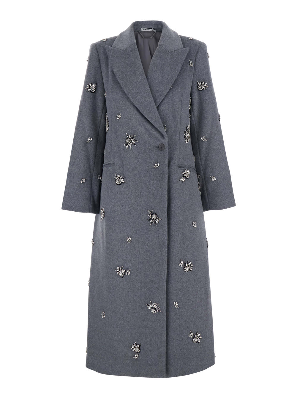 Simkhai Gianni Grey Coat With Classic Lapels And Rhinestone Details In Wool Blend Woman In Gray