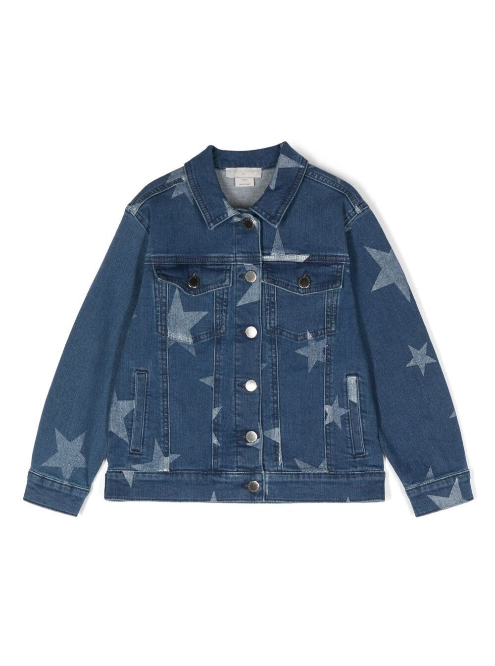 Shop Stella Mccartney Jeans Jacket With Star Print In Stretch Cotton Girl In Blu Denim