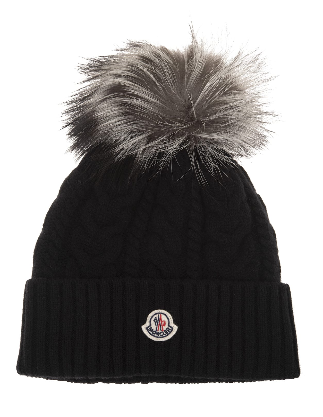 Moncler Black Braided Beanie With Fox Pompon