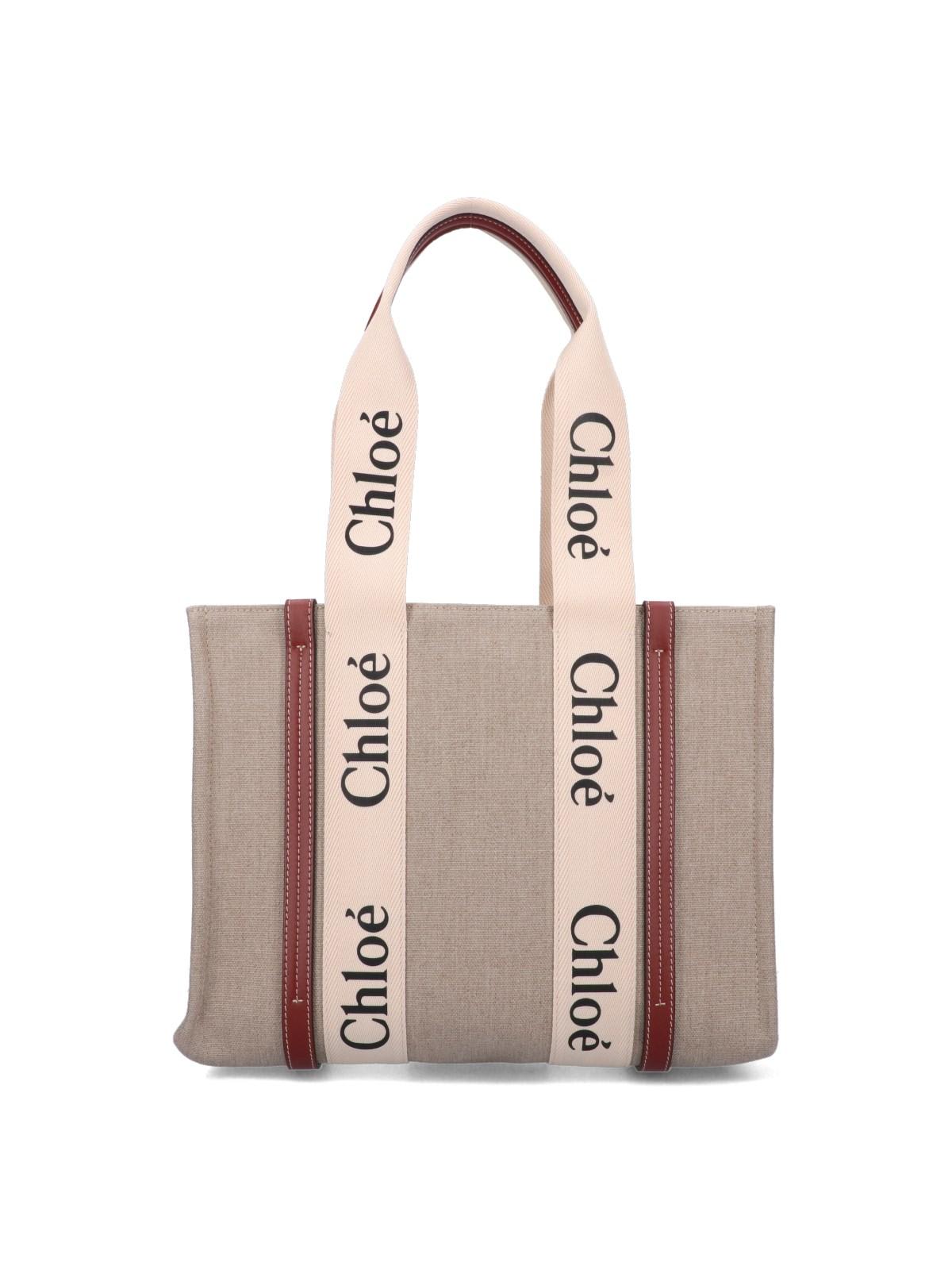 CHLOÉ WHITE AND BROWN MEDIUM WOODY SHOPPING BAG WITH SHOULDER STRAP