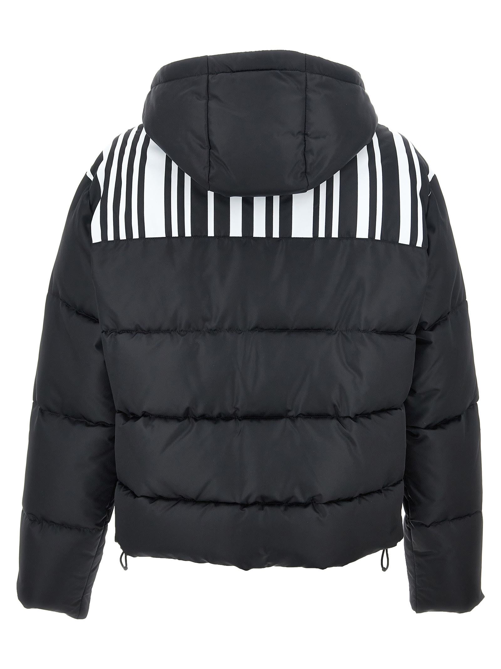 Shop Moschino Contrast Print Down Jacket. In White/black