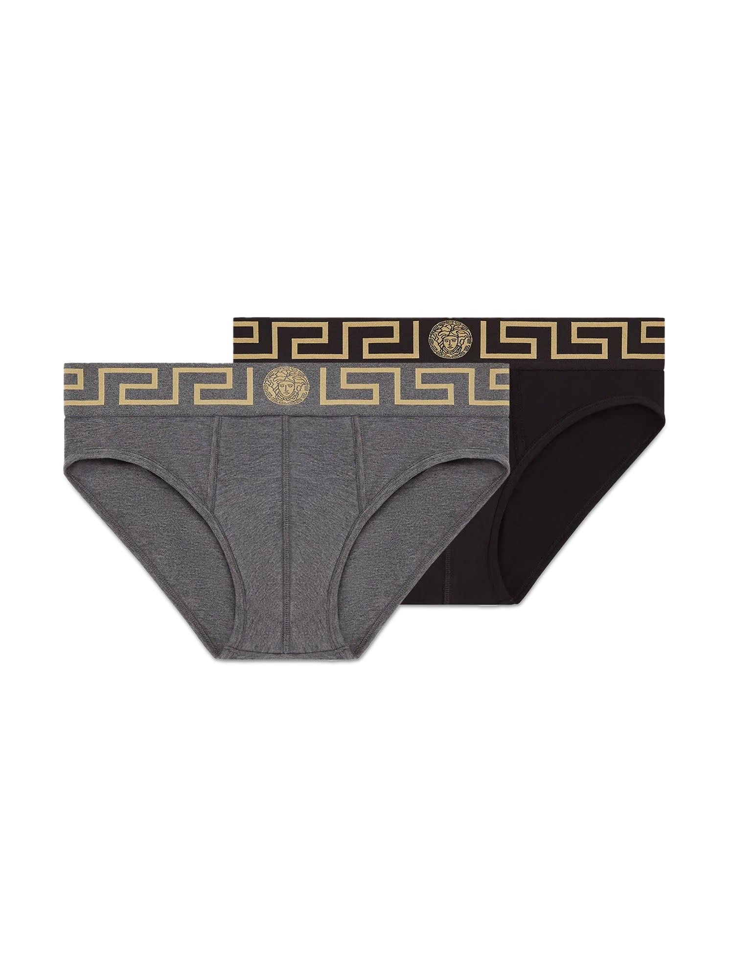 Shop Versace Pack Of Two Panties With Greek Border In Nero Grigio
