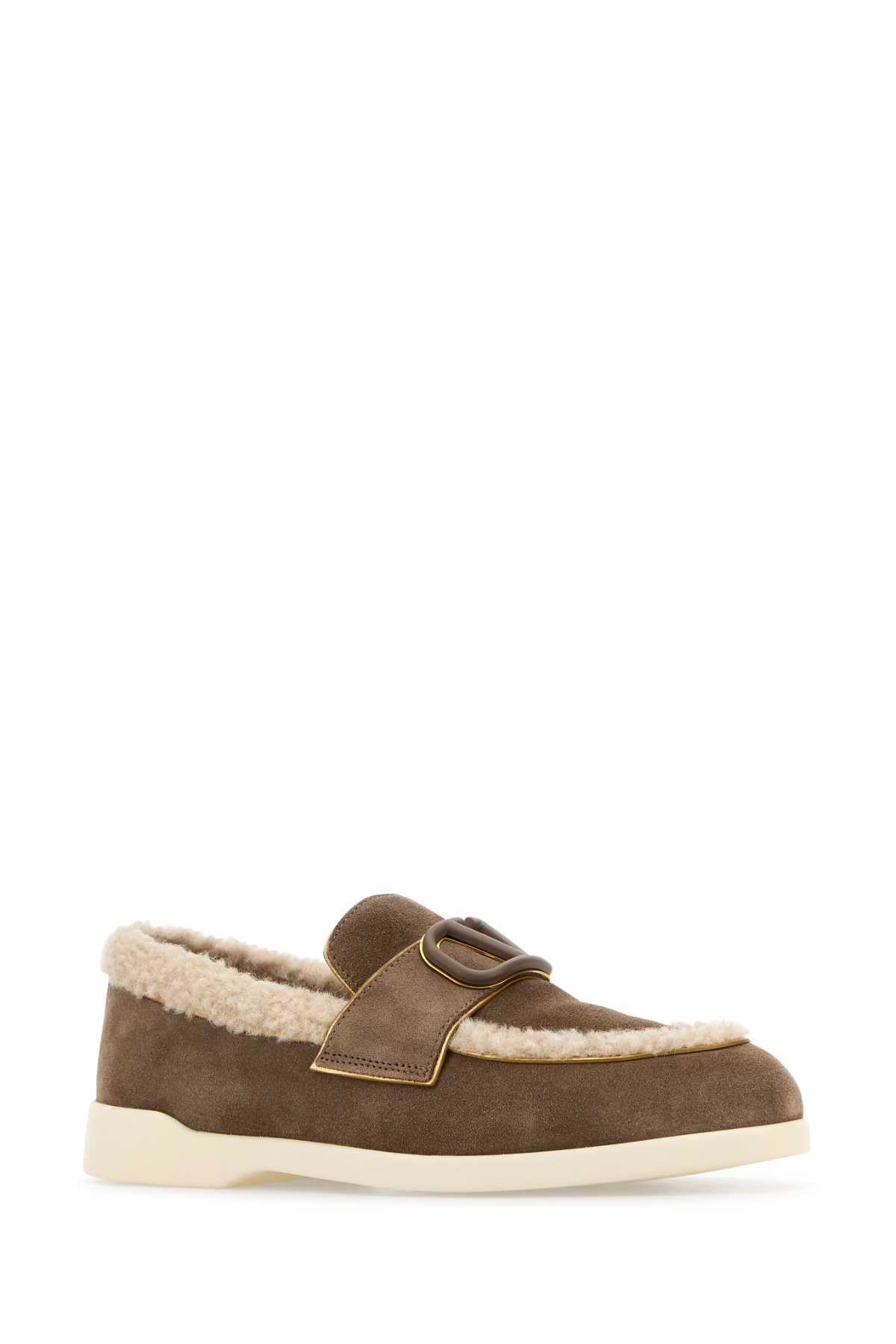 Shop Valentino Two-tone Suede And Teddy Fabric Vlogo Loafers In Clayantiquebrasslightnaturale