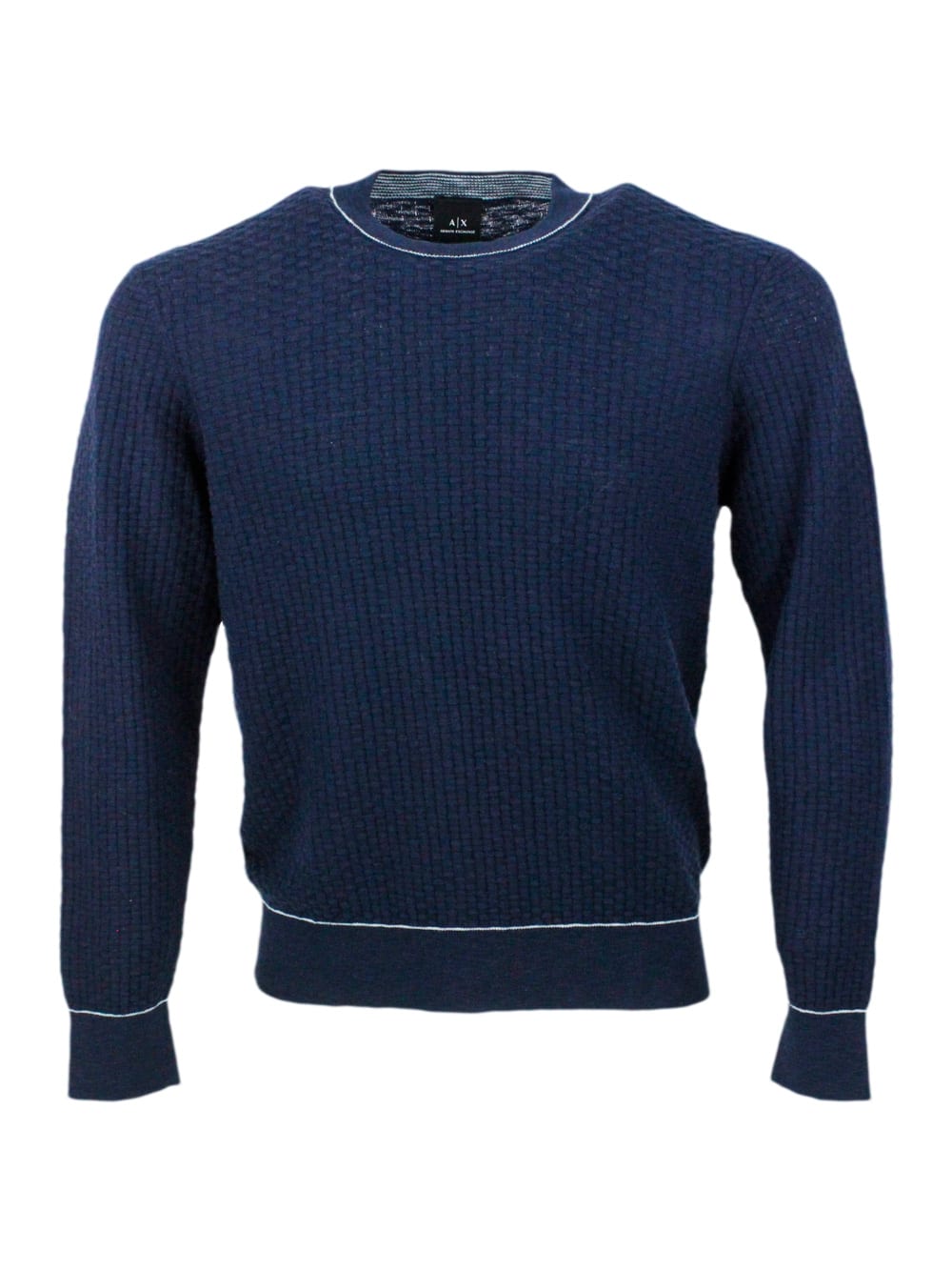 Armani Collezioni Crew-neck And Long-sleeved Sweater In Cotton And Linen With Honeycomb Workmanship. In Blu