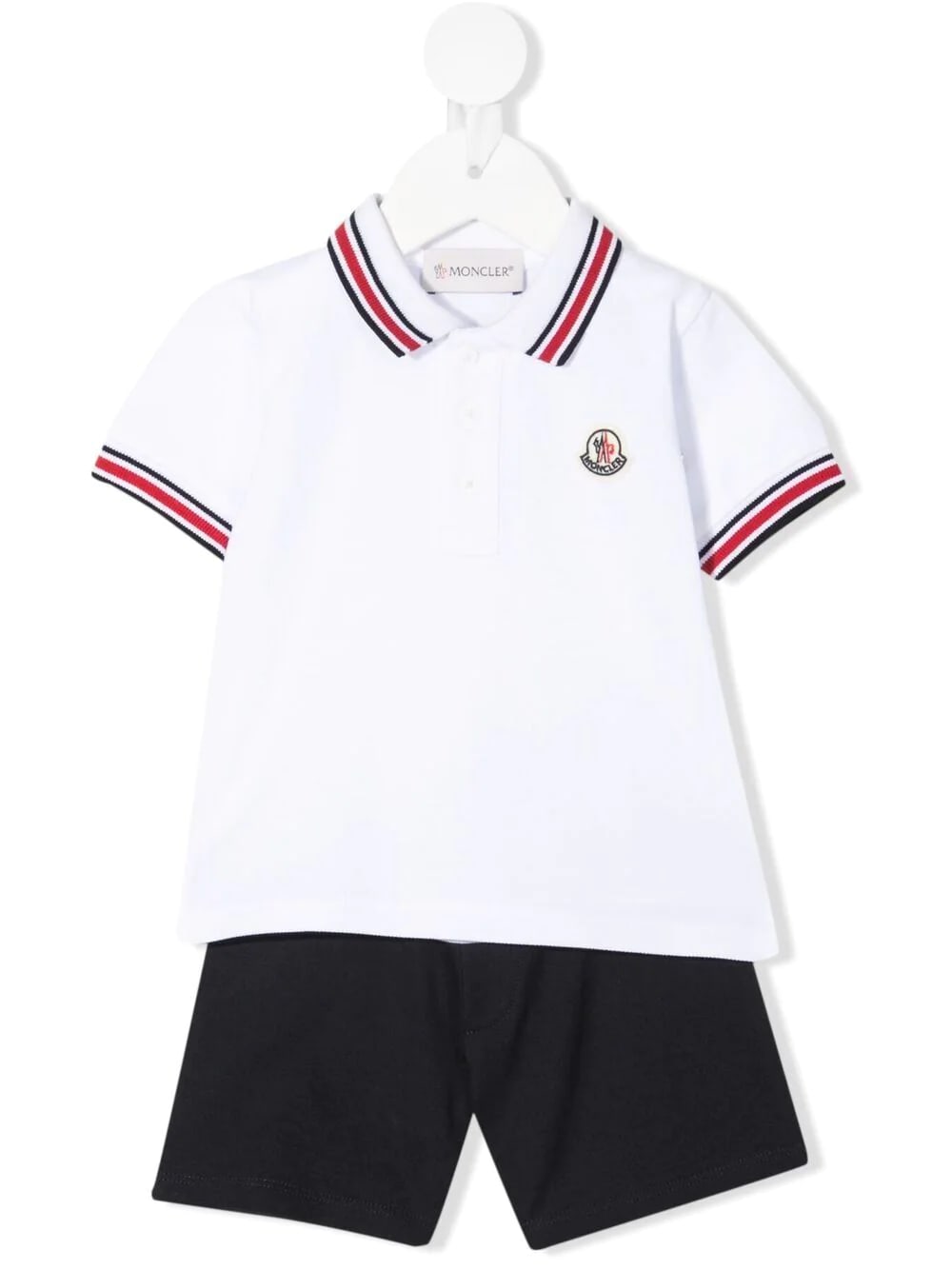 MONCLER WHITE AND BLUE POLO SHIRT AND SHORTS NEWBORN SET,11886483