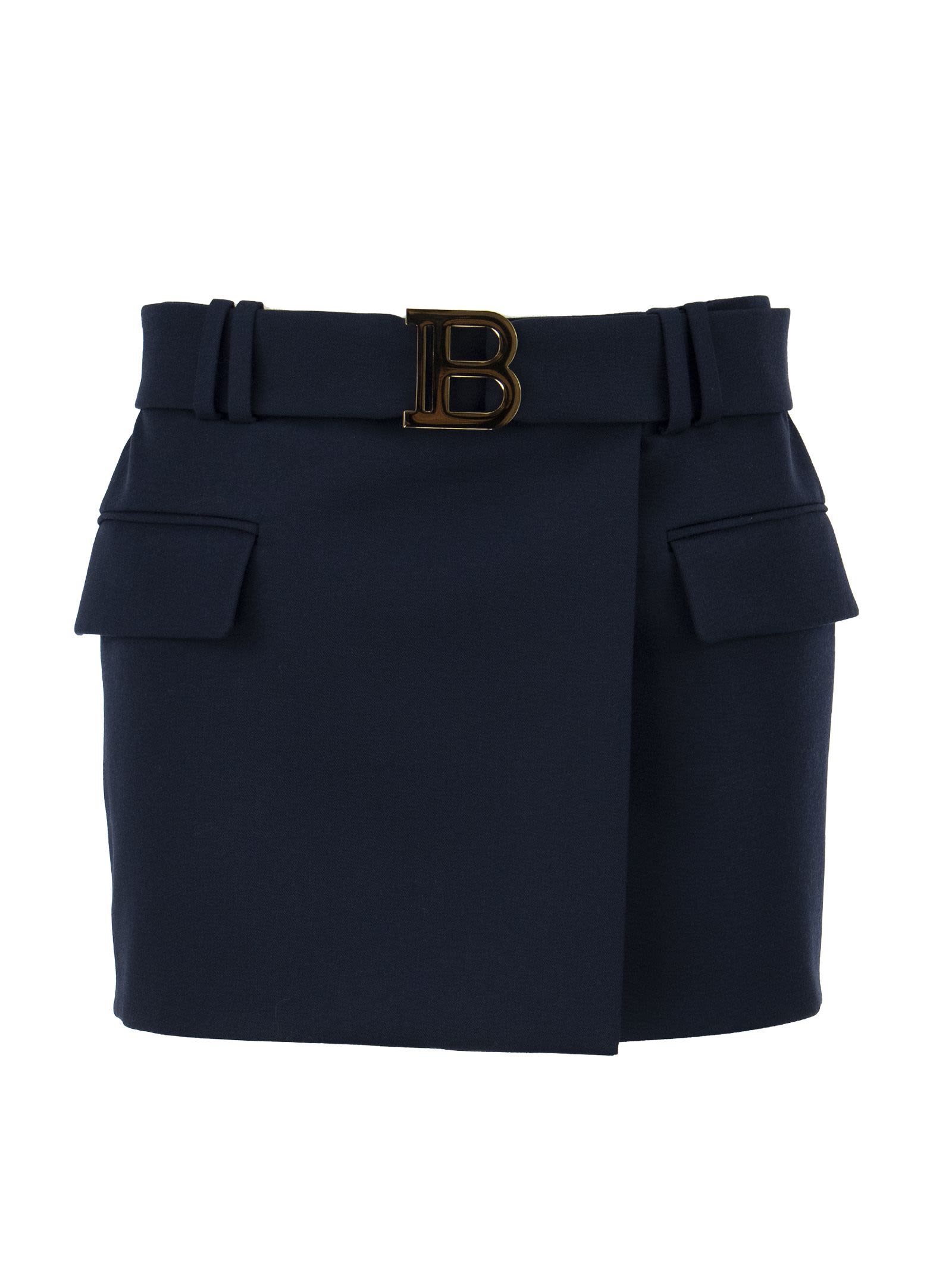 Balmain Short Blue Wool Low-rise Skirt